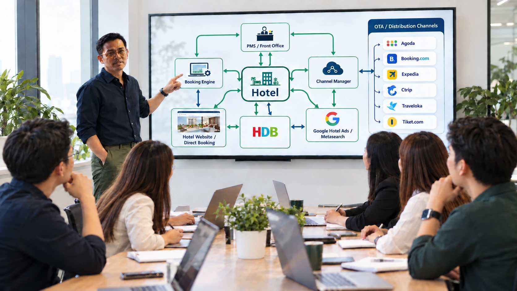 AHM booking engine channel manager and front office system diagram