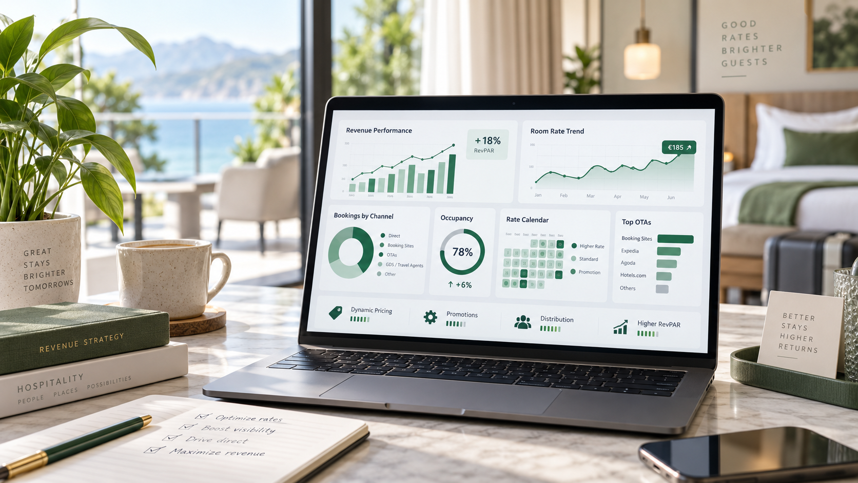 Laptop displaying hotel revenue, room rate and OTA channel performance dashboard