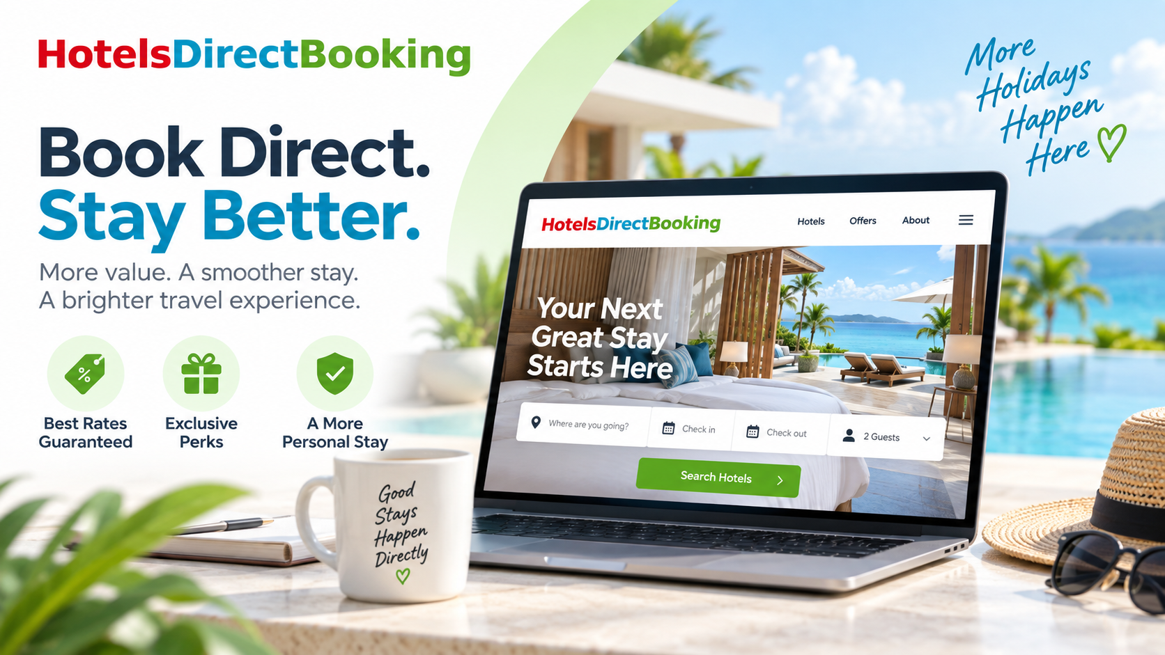 HotelsDirectBooking branding and hotel direct booking website displayed on a laptop